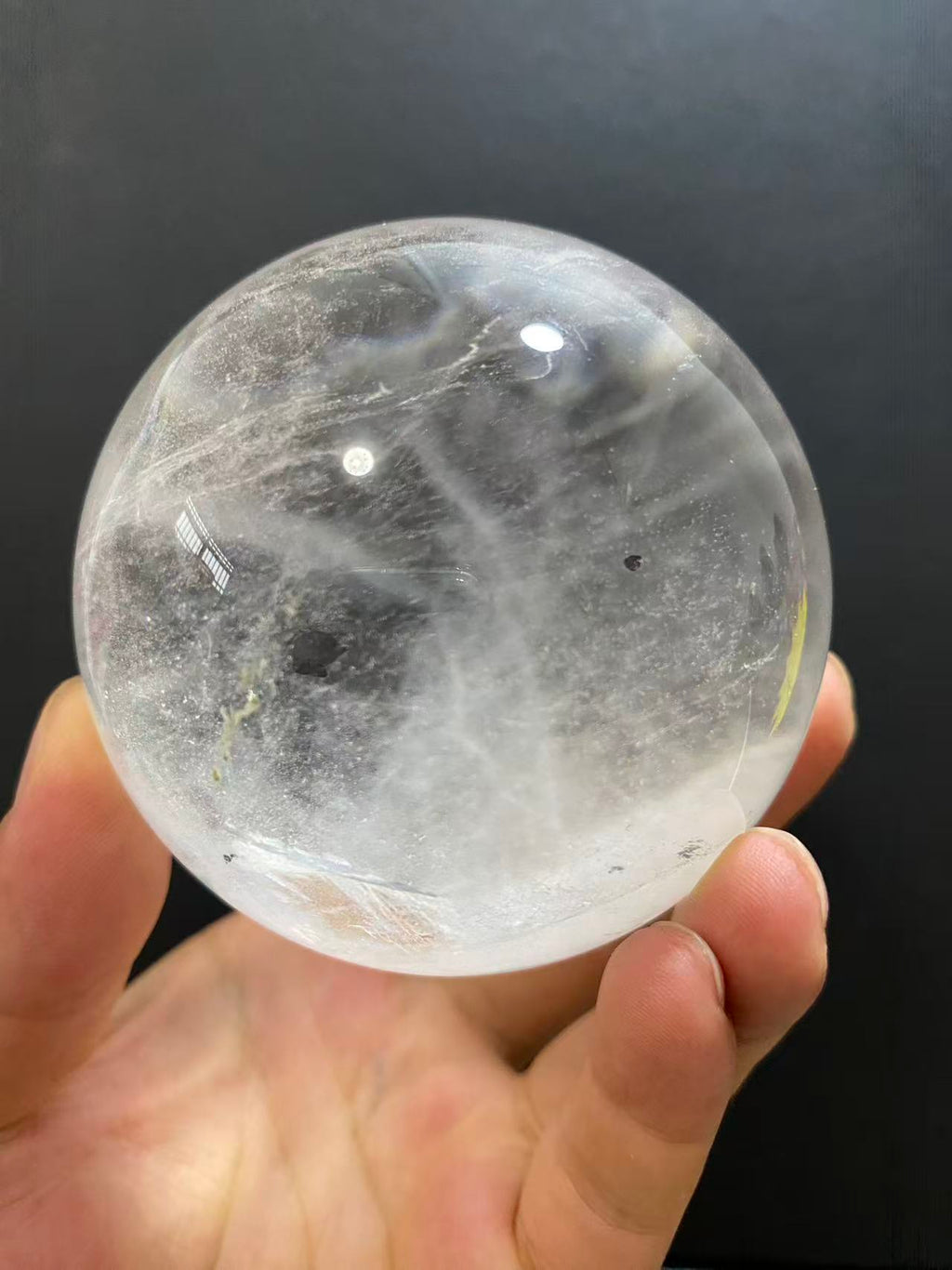 Natural Clear Quartz Sphere with Black Inclusions — Hand-Polished Crystal Ball for Home Decor