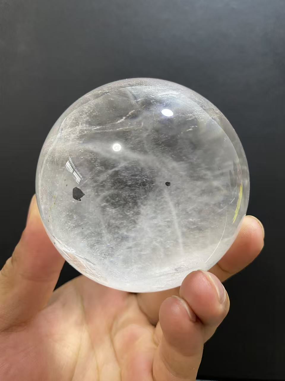 Natural Clear Quartz Sphere with Black Inclusions — Hand-Polished Crystal Ball for Home Decor