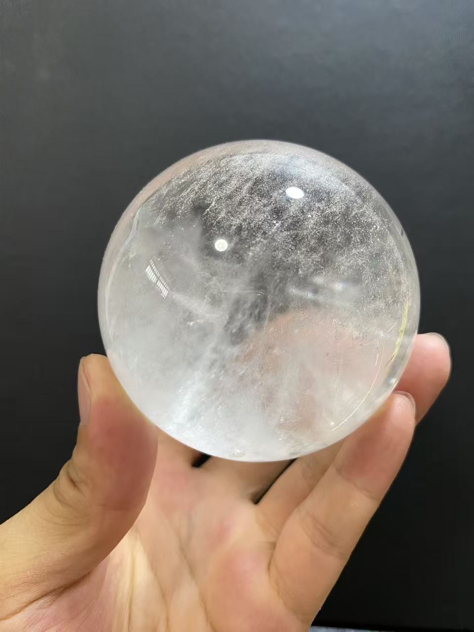 Natural Clear Quartz Sphere with Black Inclusions — Hand-Polished Crystal Ball for Home Decor