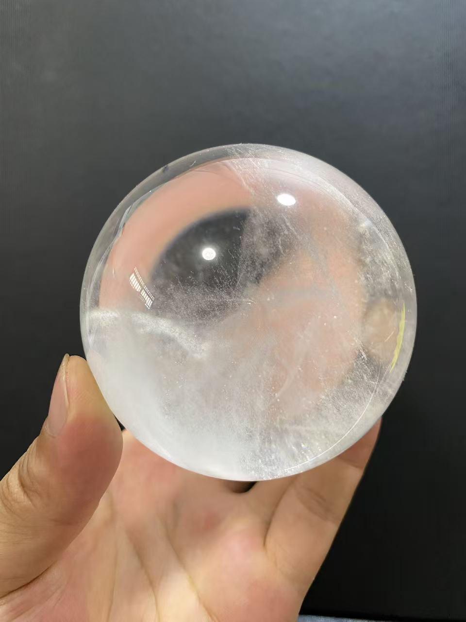 Natural Clear Quartz Sphere with Black Inclusions — Hand-Polished Crystal Ball for Home Decor