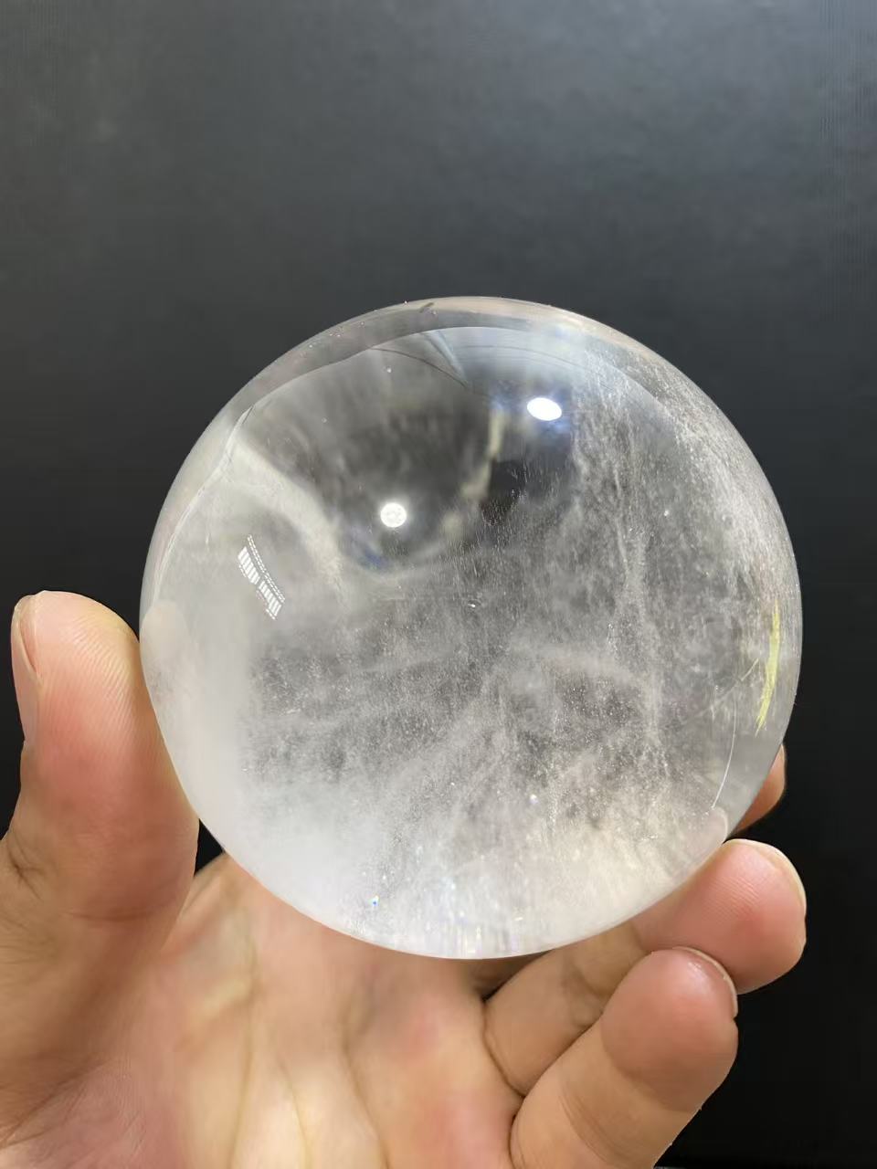 Natural Clear Quartz Sphere with Black Inclusions — Hand-Polished Crystal Ball for Home Decor