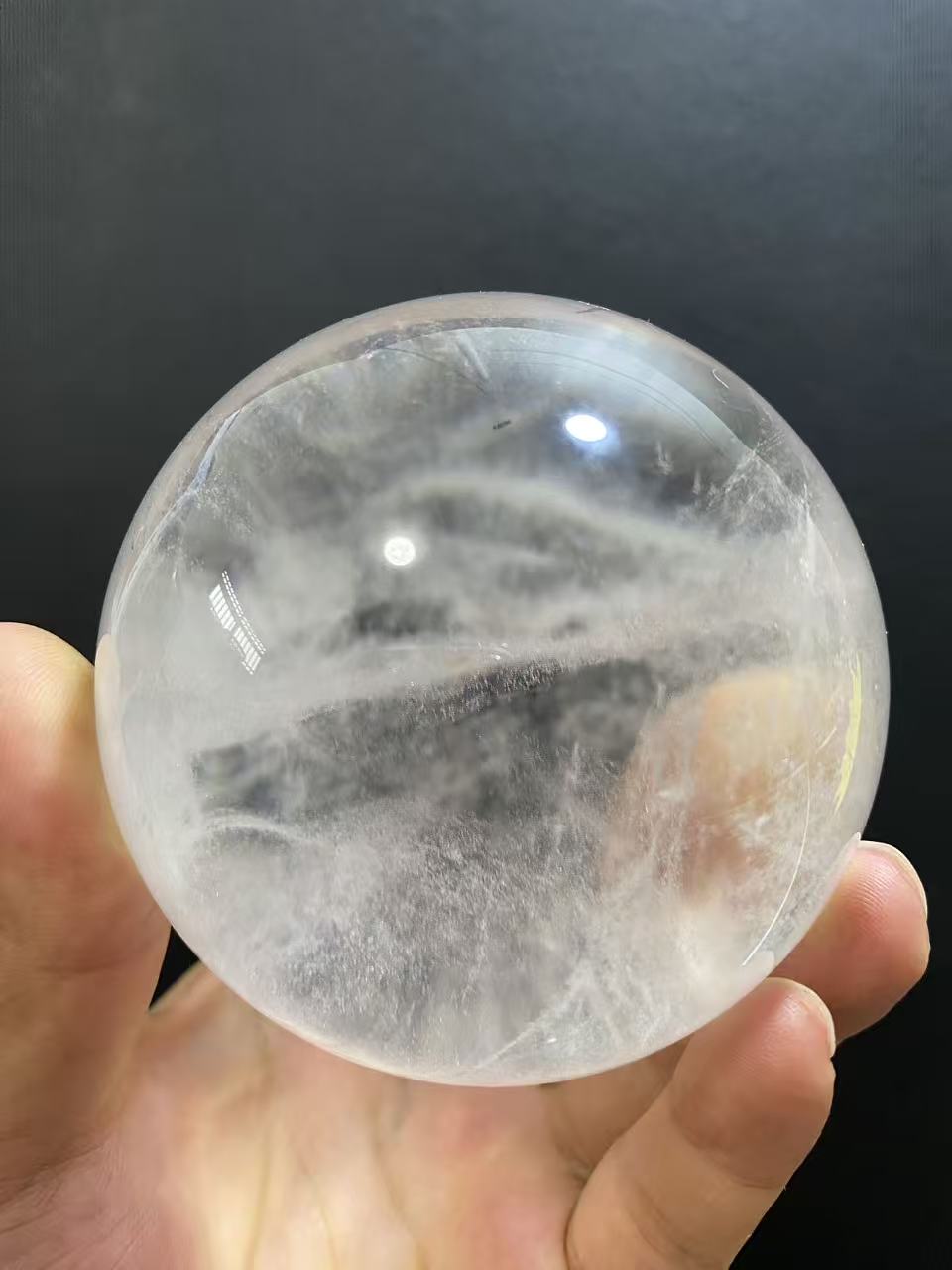 Natural Clear Quartz Sphere with Black Inclusions — Hand-Polished Crystal Ball for Home Decor