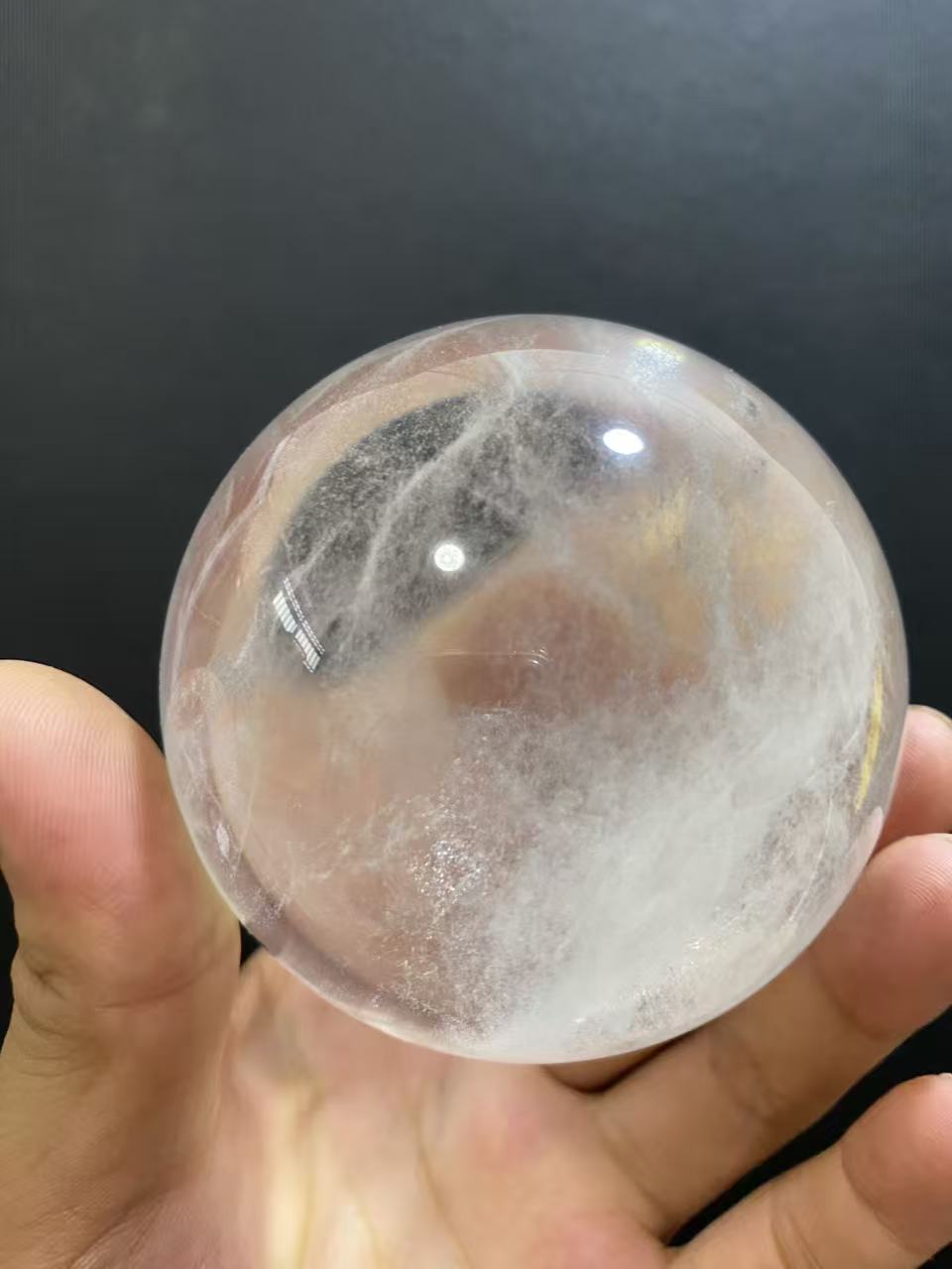 Natural Clear Quartz Sphere with Black Inclusions — Hand-Polished Crystal Ball for Home Decor