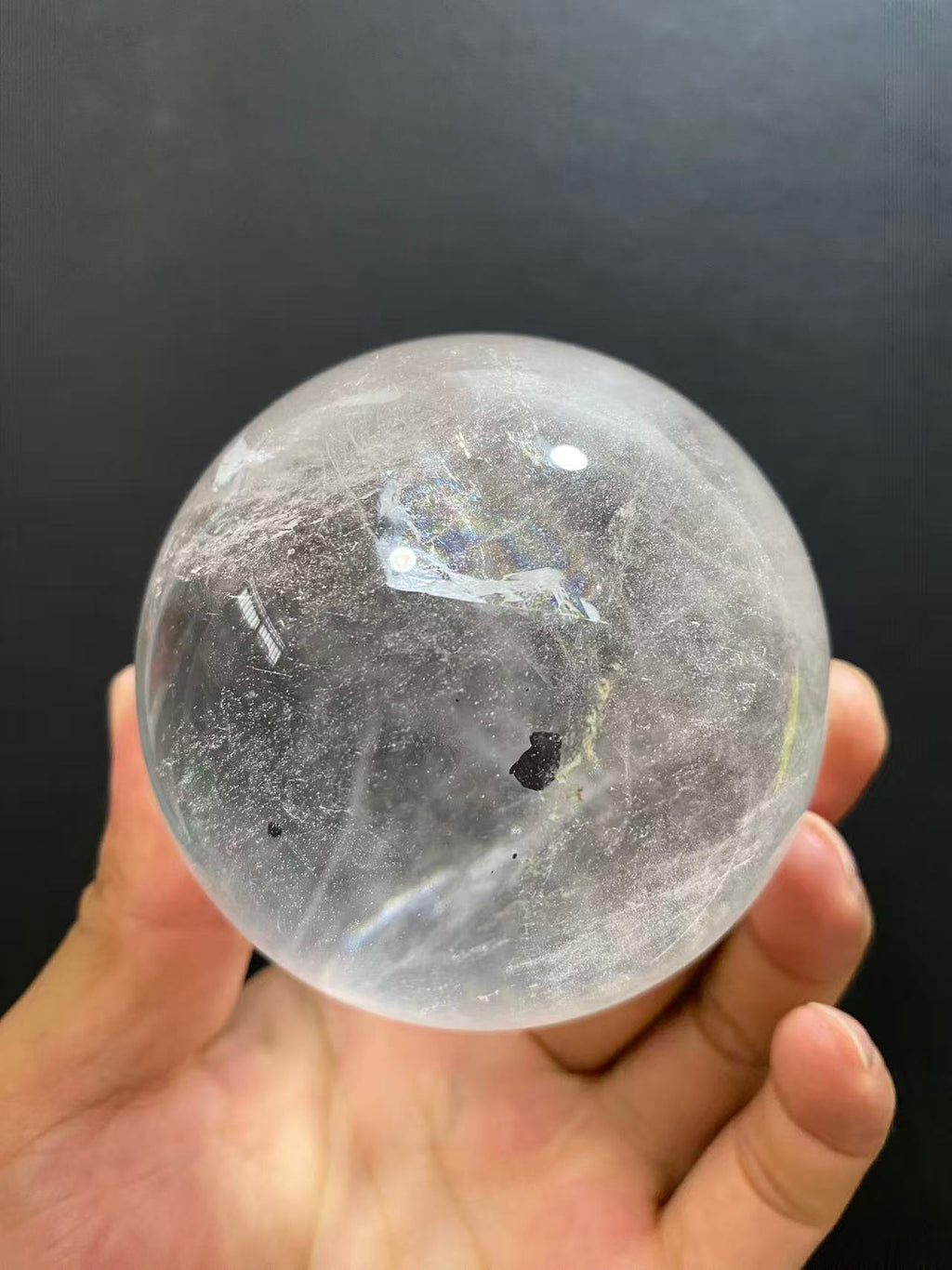 Natural Clear Quartz Sphere with Black Inclusions — Hand-Polished Crystal Ball for Home Decor