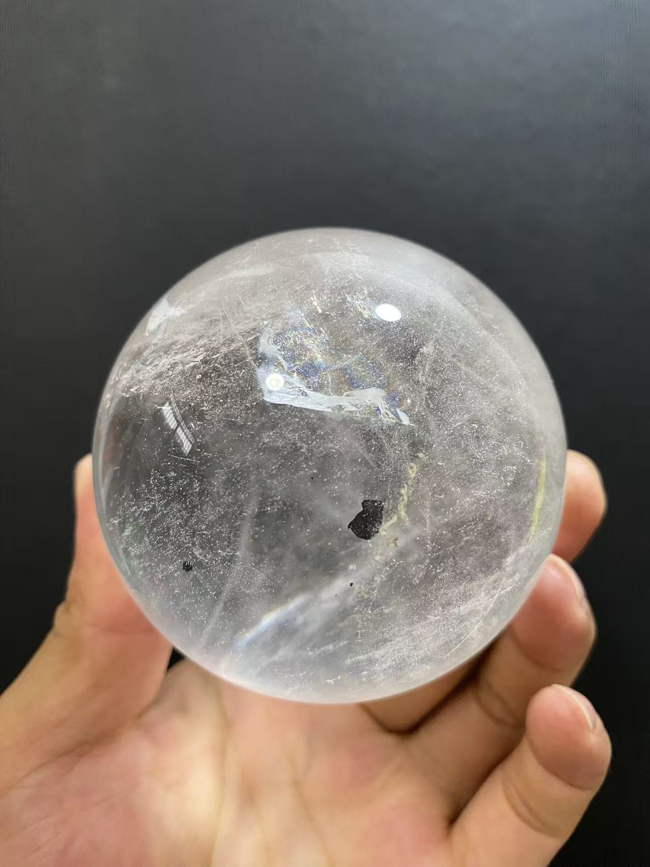 Natural Clear Quartz Sphere with Black Inclusions — Hand-Polished Crystal Ball for Home Decor