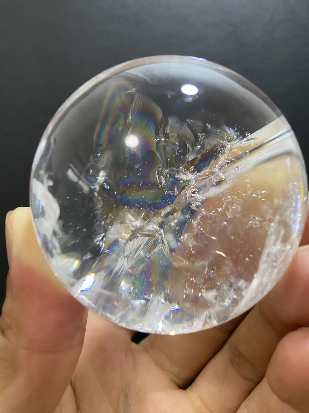 Natural Clear Quartz Sphere with Rainbow Inclusions — Hand-Polished Crystal Ball for Home Decor