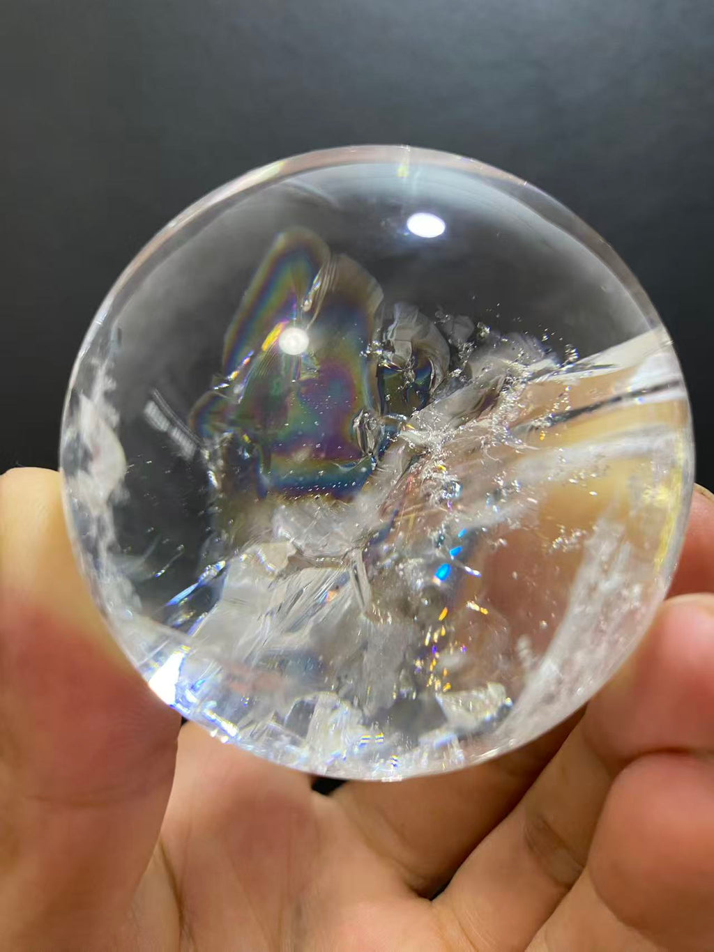 Natural Clear Quartz Sphere with Rainbow Inclusions — Hand-Polished Crystal Ball for Home Decor