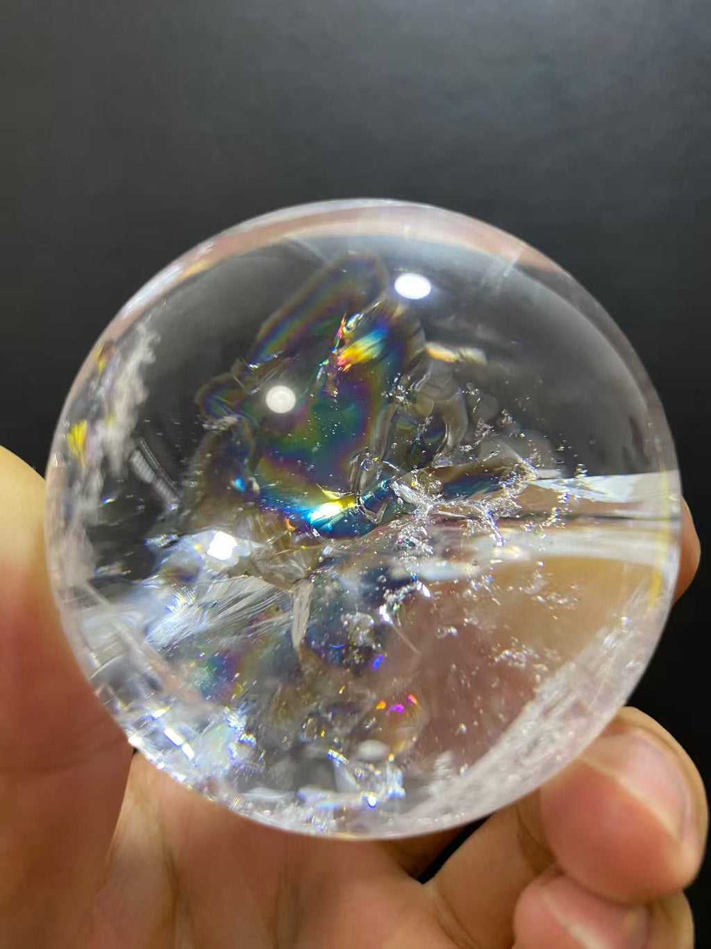 Natural Clear Quartz Sphere with Rainbow Inclusions — Hand-Polished Crystal Ball for Home Decor