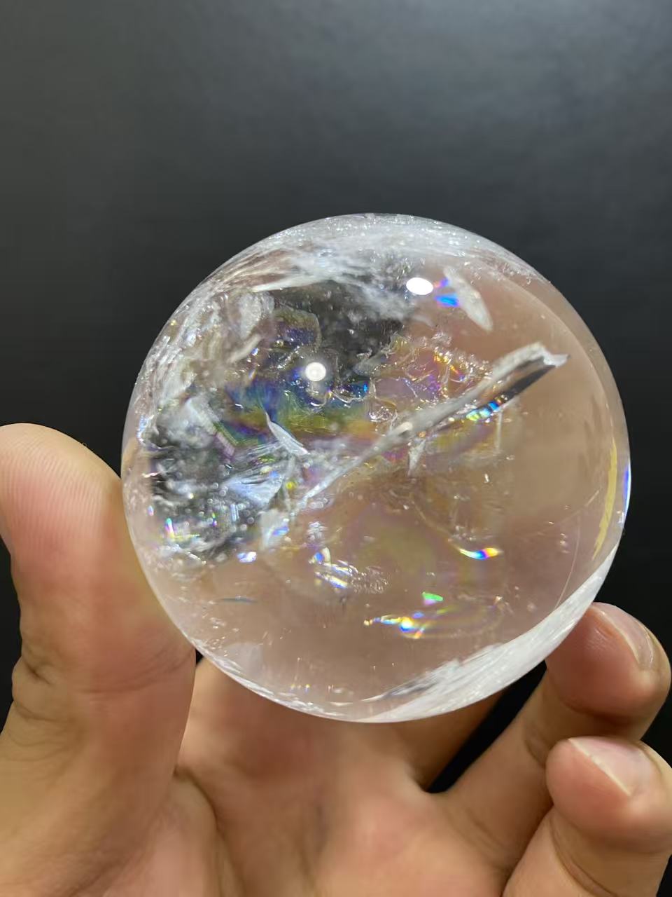 Natural Clear Quartz Sphere with Rainbow Inclusions — Hand-Polished Crystal Ball for Home Decor