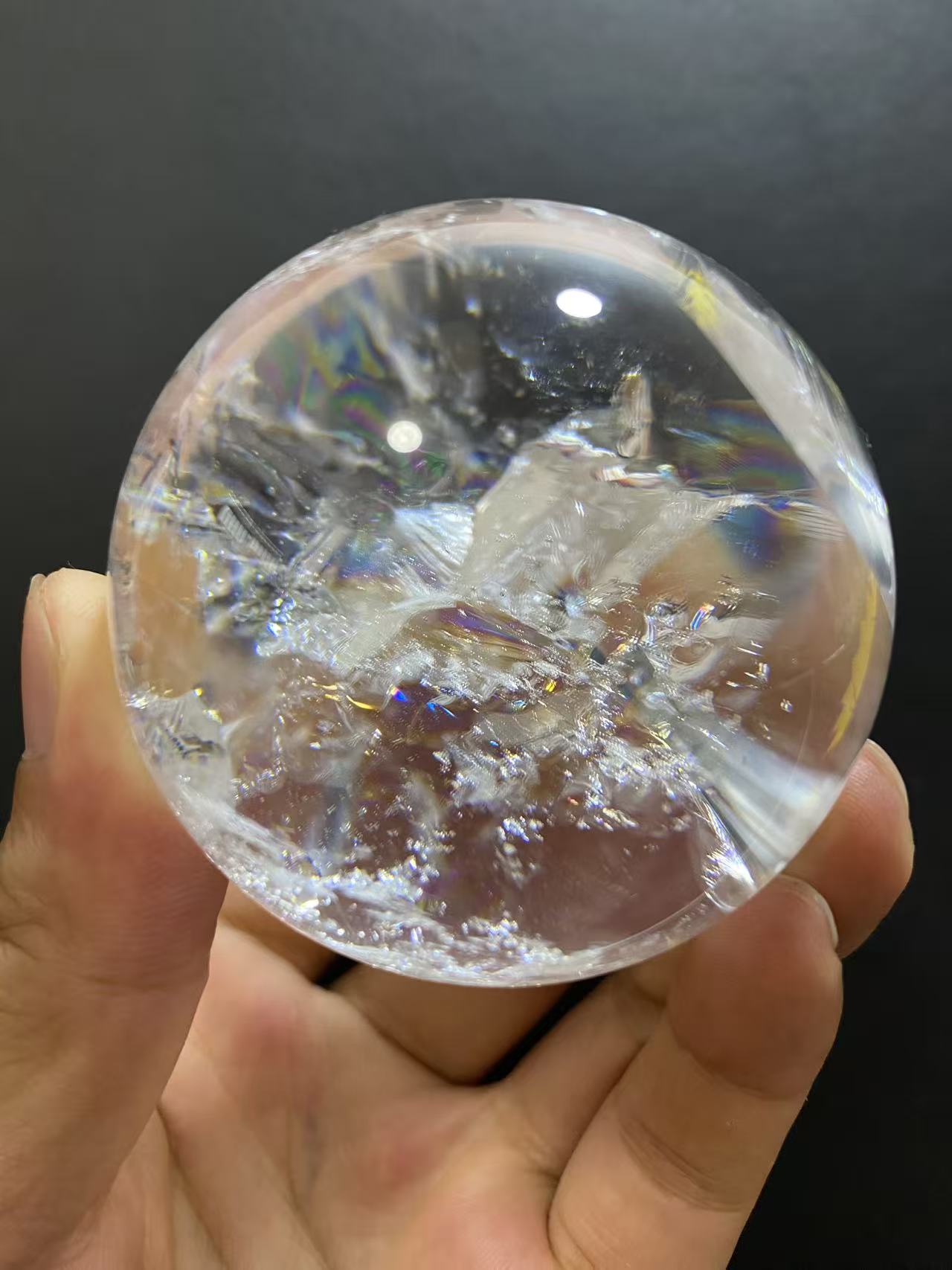 Natural Clear Quartz Sphere with Rainbow Inclusions — Hand-Polished Crystal Ball for Home Decor