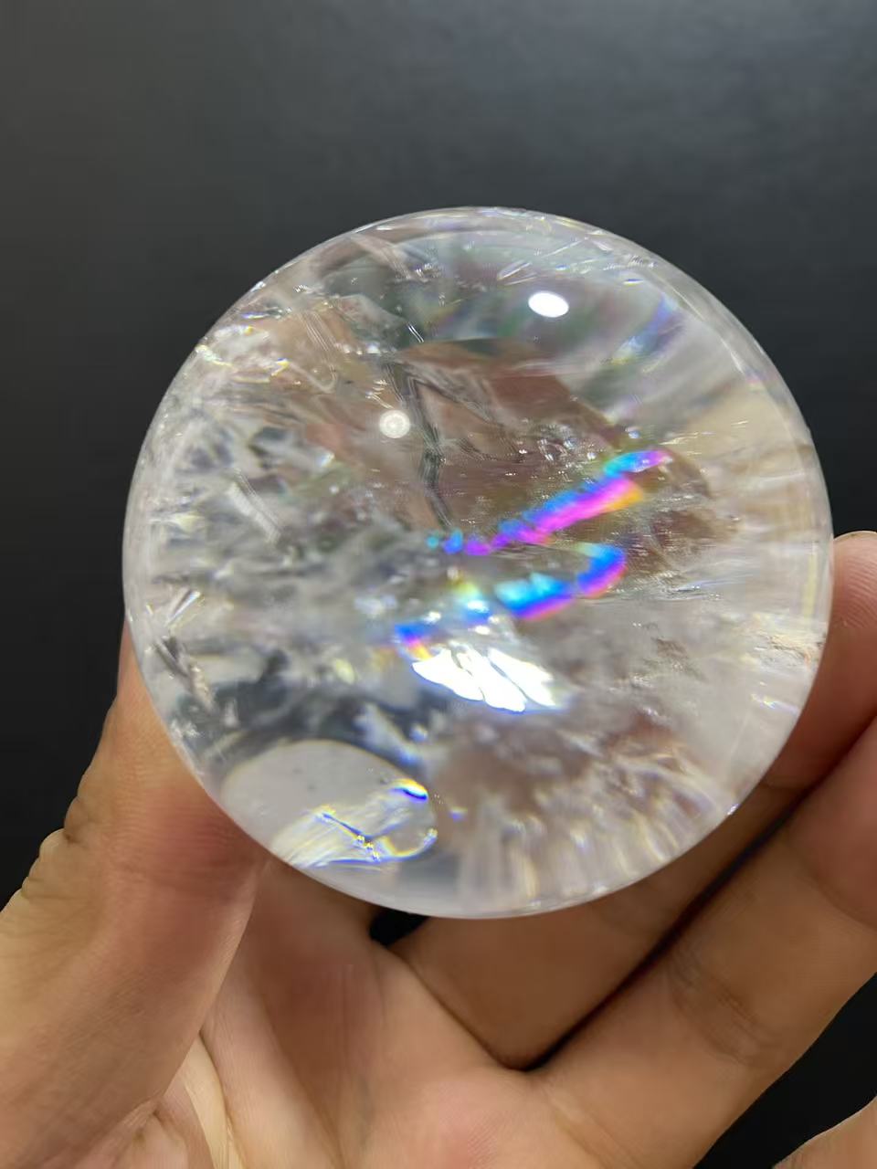 Natural Clear Quartz Sphere with Rainbow Inclusions — Hand-Polished Crystal Ball for Home Decor
