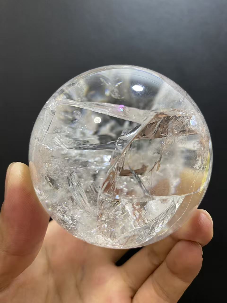 Natural Clear Quartz with Internal Fracture Patterns | Polished Crystal Sphere, Room Decor