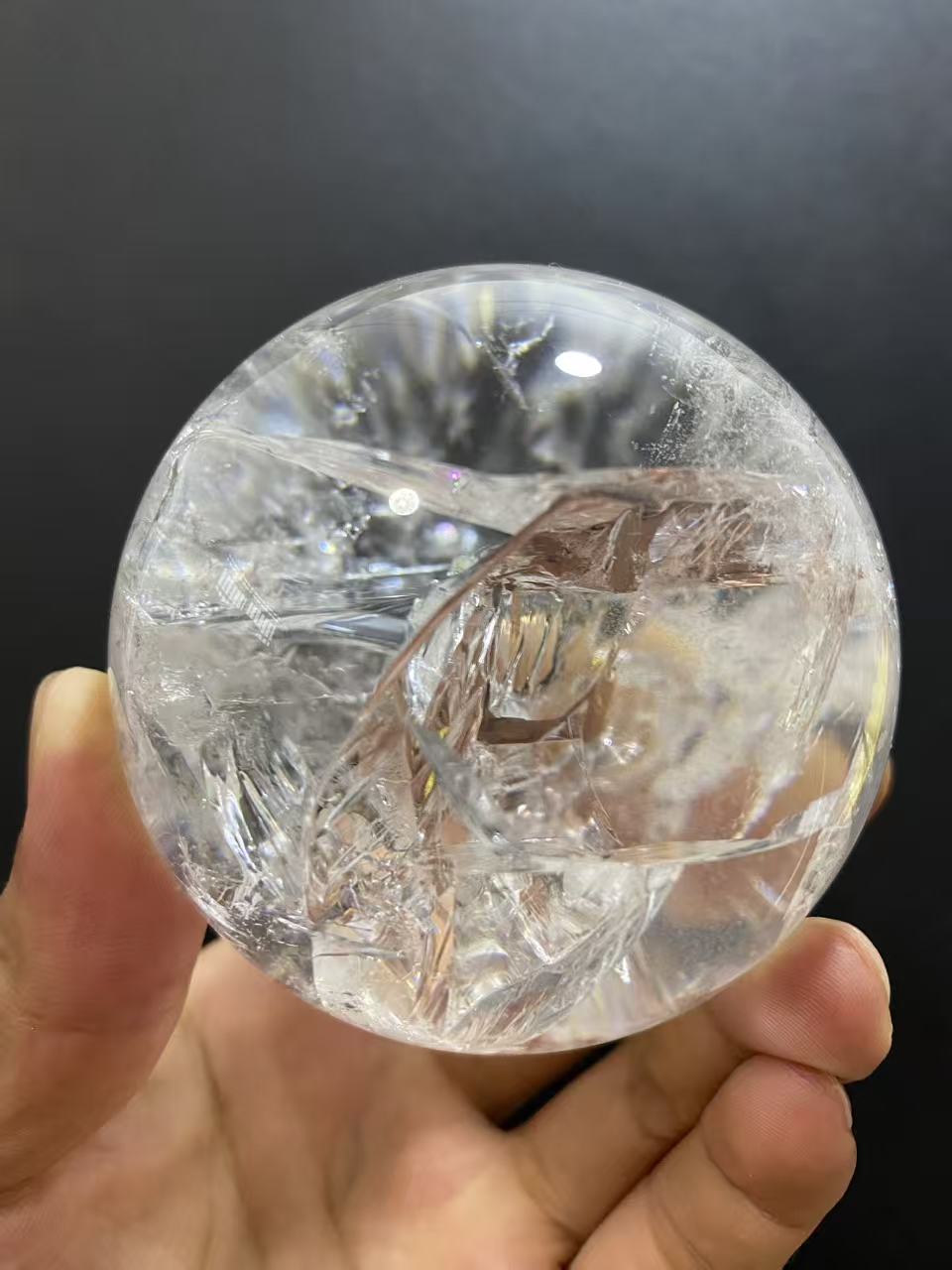 Natural Clear Quartz with Internal Fracture Patterns | Polished Crystal Sphere, Room Decor