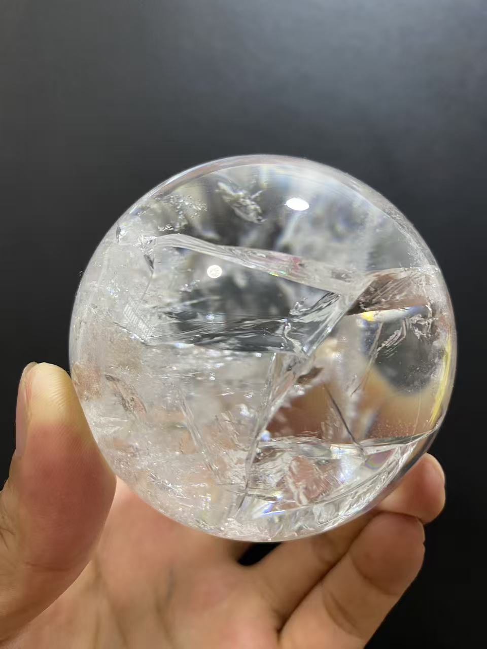 Natural Clear Quartz with Internal Fracture Patterns | Polished Crystal Sphere, Room Decor