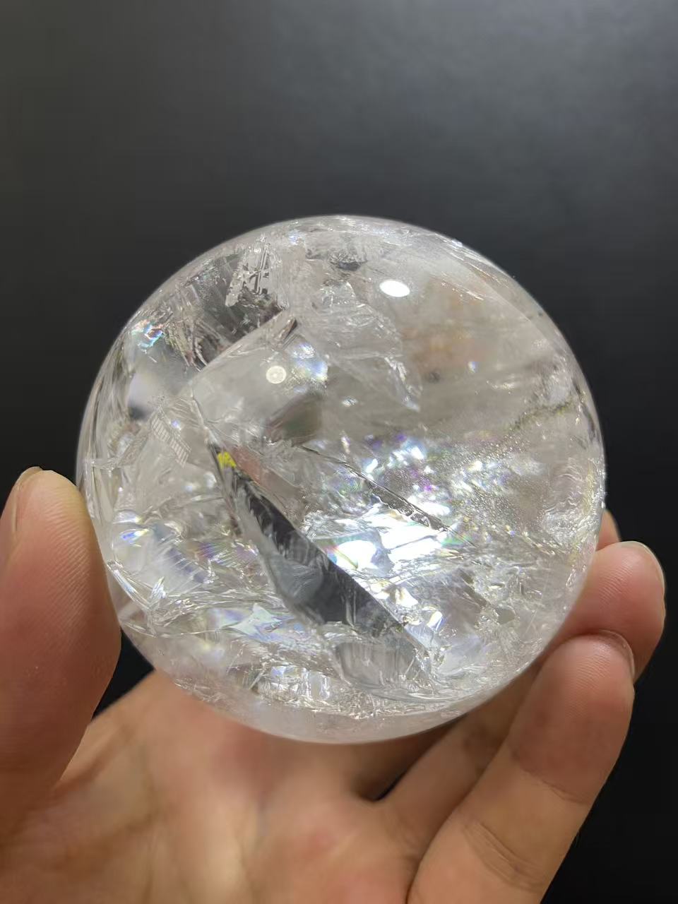 Natural Clear Quartz with Internal Fracture Patterns | Polished Crystal Sphere, Room Decor