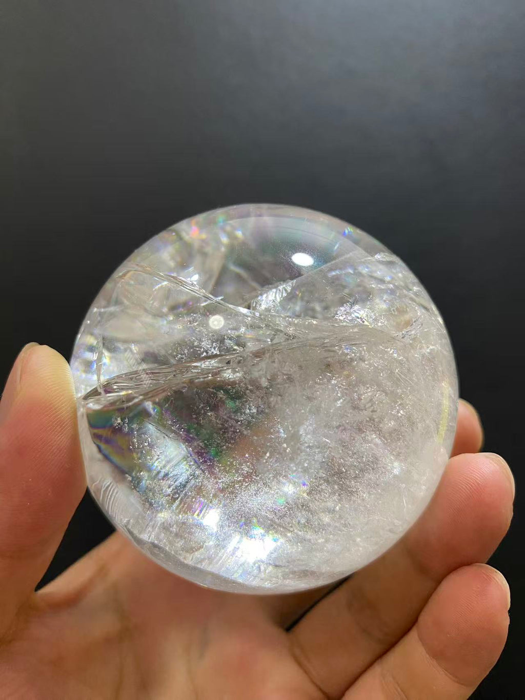 Natural Clear Quartz with Internal Fracture Patterns | Polished Crystal Sphere, Room Decor