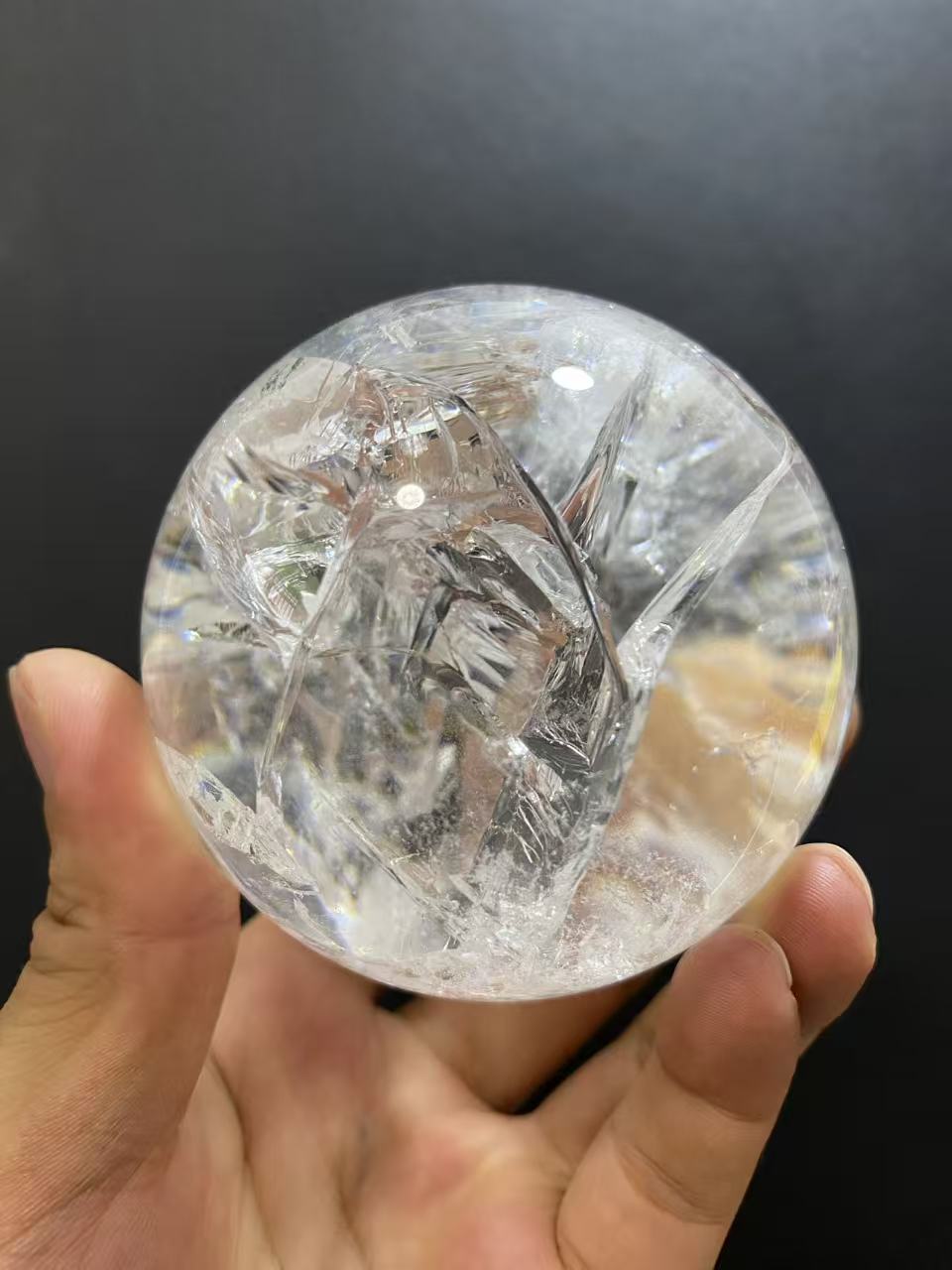 Natural Clear Quartz with Internal Fracture Patterns | Polished Crystal Sphere, Room Decor