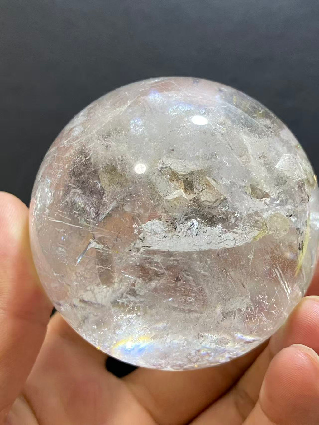 Natural Clear Quartz with Mineral Inclusions & Calcite | Polished Crystal Sphere, Room Decor