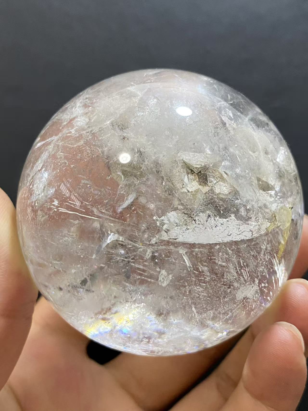 Natural Clear Quartz with Mineral Inclusions & Calcite | Polished Crystal Sphere, Room Decor