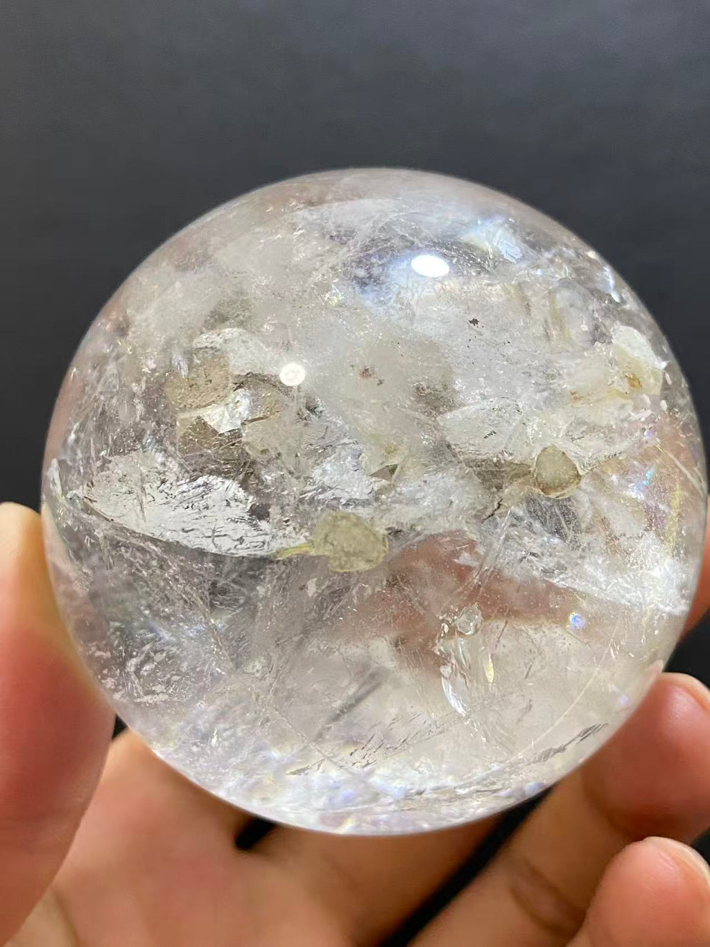 Natural Clear Quartz with Mineral Inclusions & Calcite | Polished Crystal Sphere, Room Decor