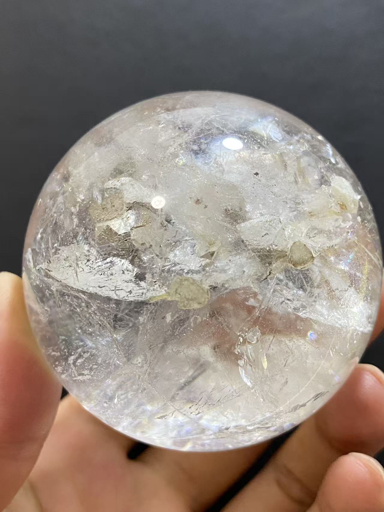 Natural Clear Quartz with Mineral Inclusions & Calcite | Polished Crystal Sphere, Room Decor