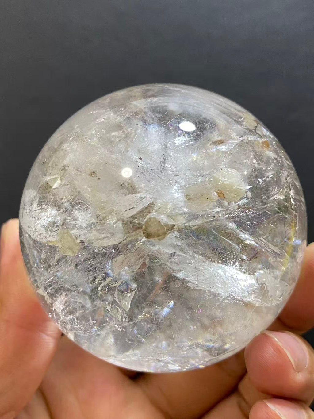 Natural Clear Quartz with Mineral Inclusions & Calcite | Polished Crystal Sphere, Room Decor