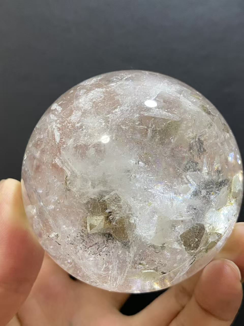 Natural Clear Quartz with Mineral Inclusions & Calcite | Polished Crystal Sphere, Room Decor