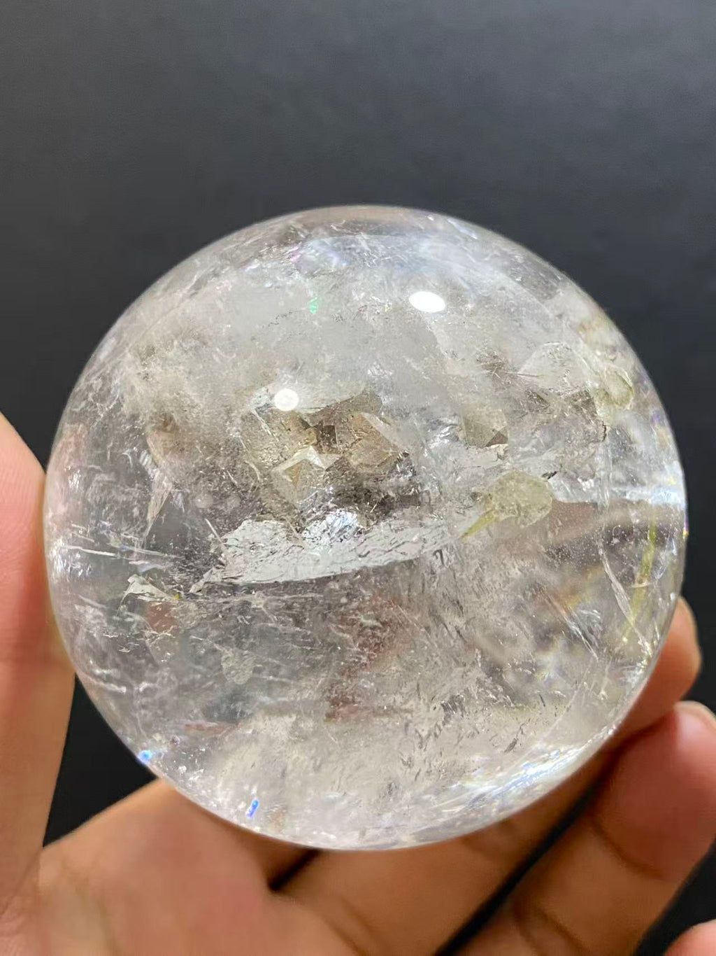 Natural Clear Quartz with Mineral Inclusions & Calcite | Polished Crystal Sphere, Room Decor