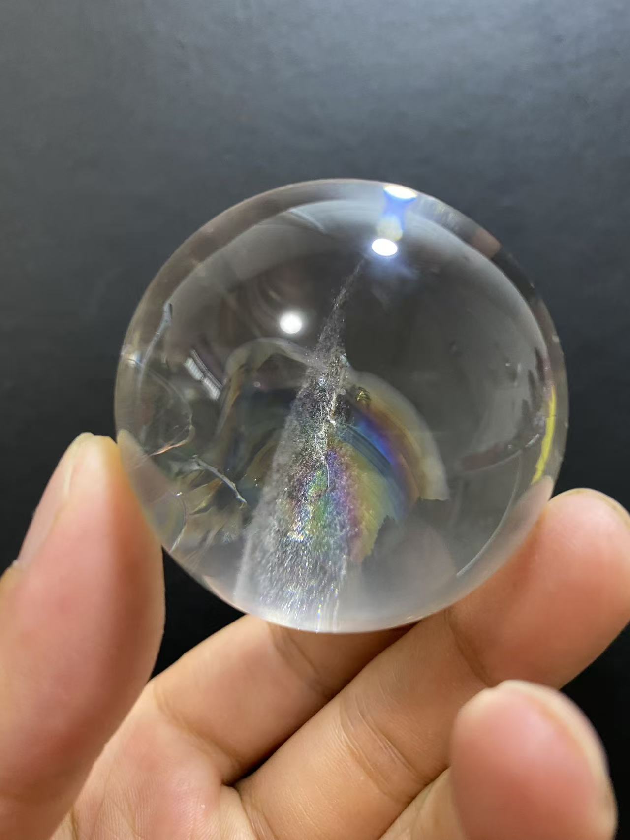 Natural Clear Quartz Sphere with Rainbow Inclusions — Hand-Polished Crystal Ball for Home Decor
