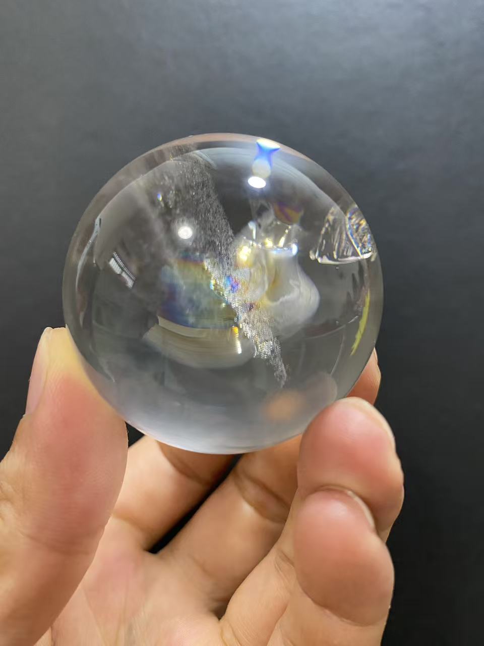 Natural Clear Quartz Sphere with Rainbow Inclusions — Hand-Polished Crystal Ball for Home Decor