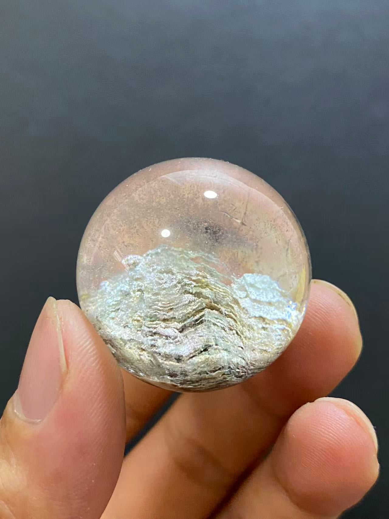 Natural Phantom Quartz Crystal Ball with Scenic Mountain Inclusions | Hand-Polished Sphere for Display