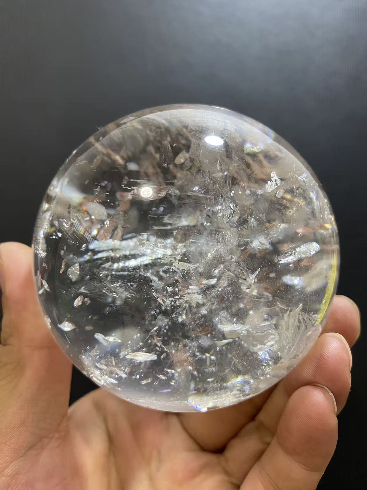 Natural White Quartz Crystal Ball with Inner Rainbow | Hand-Polished Sphere for Shelf Decor