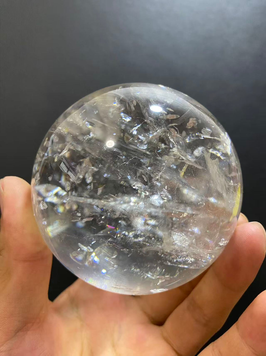 Natural White Quartz Crystal Ball with Inner Rainbow | Hand-Polished Sphere for Shelf Decor