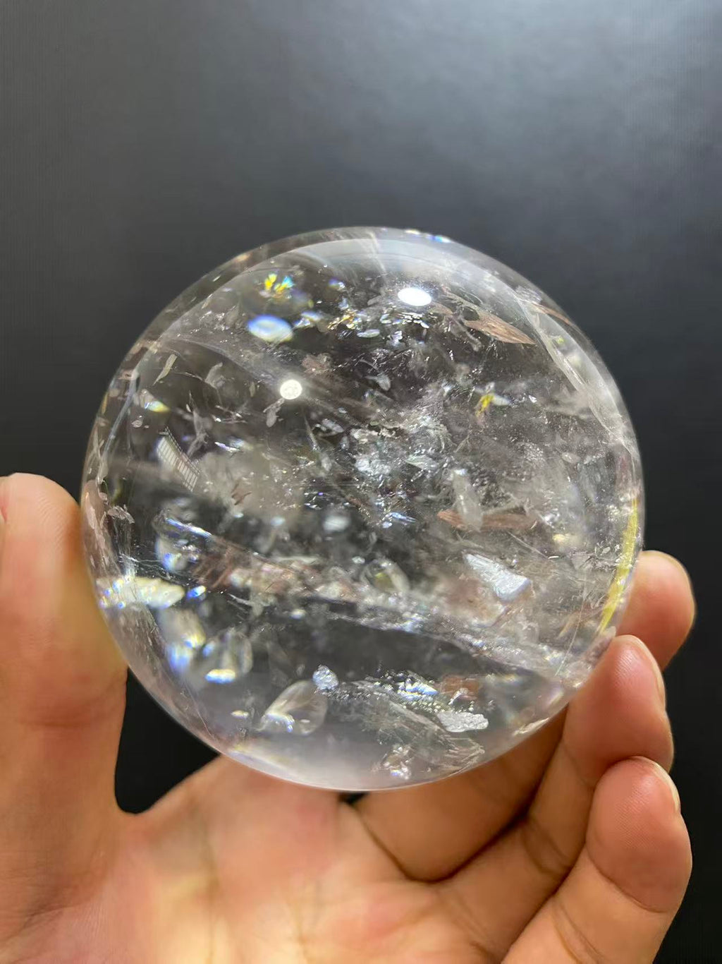 Natural White Quartz Crystal Ball with Inner Rainbow | Hand-Polished Sphere for Shelf Decor