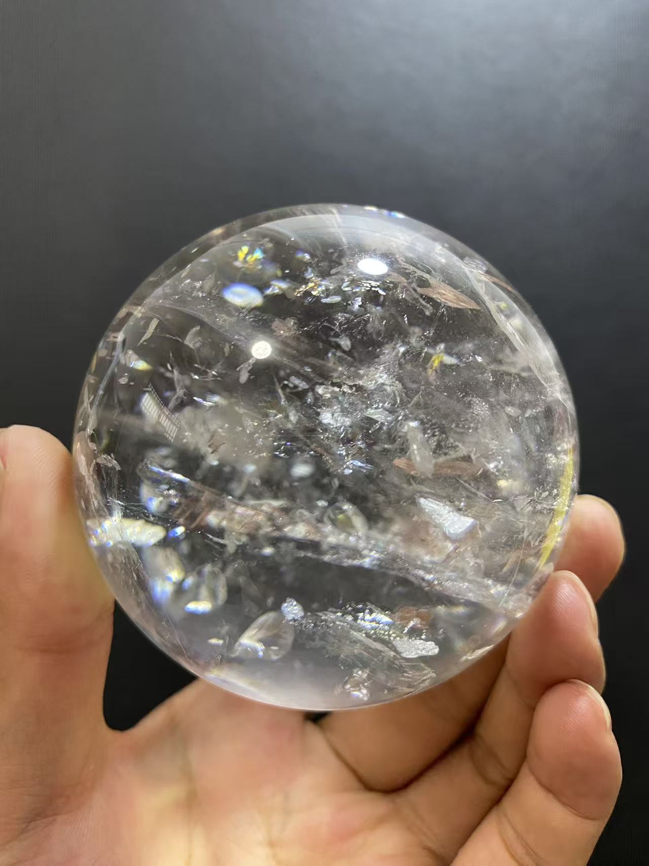 Natural White Quartz Crystal Ball with Inner Rainbow | Hand-Polished Sphere for Shelf Decor
