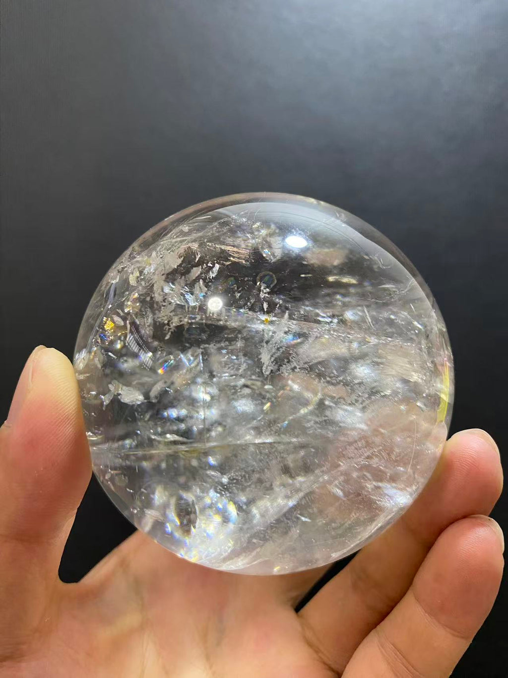 Natural White Quartz Crystal Ball with Inner Rainbow | Hand-Polished Sphere for Shelf Decor