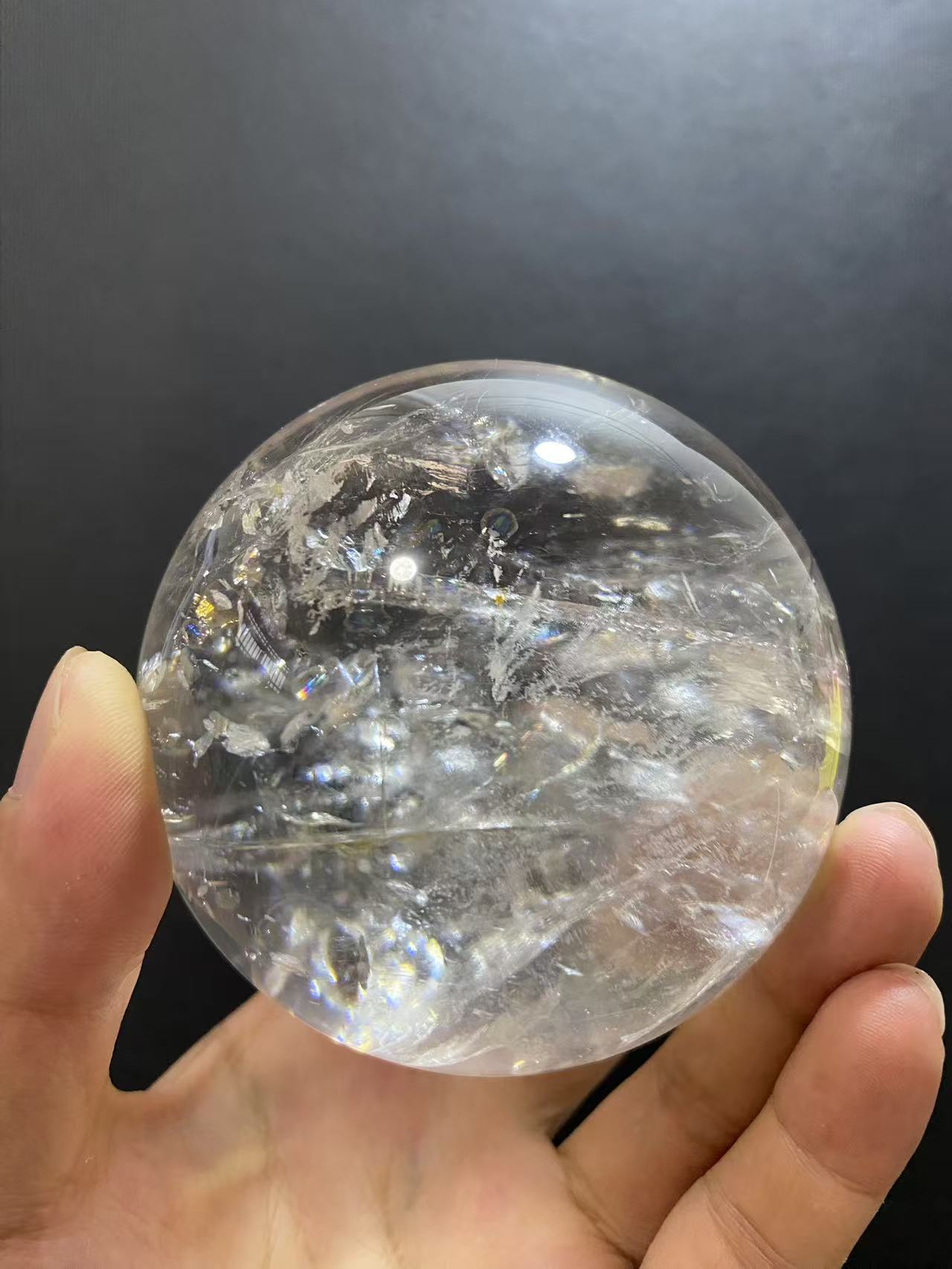 Natural White Quartz Crystal Ball with Inner Rainbow | Hand-Polished Sphere for Shelf Decor