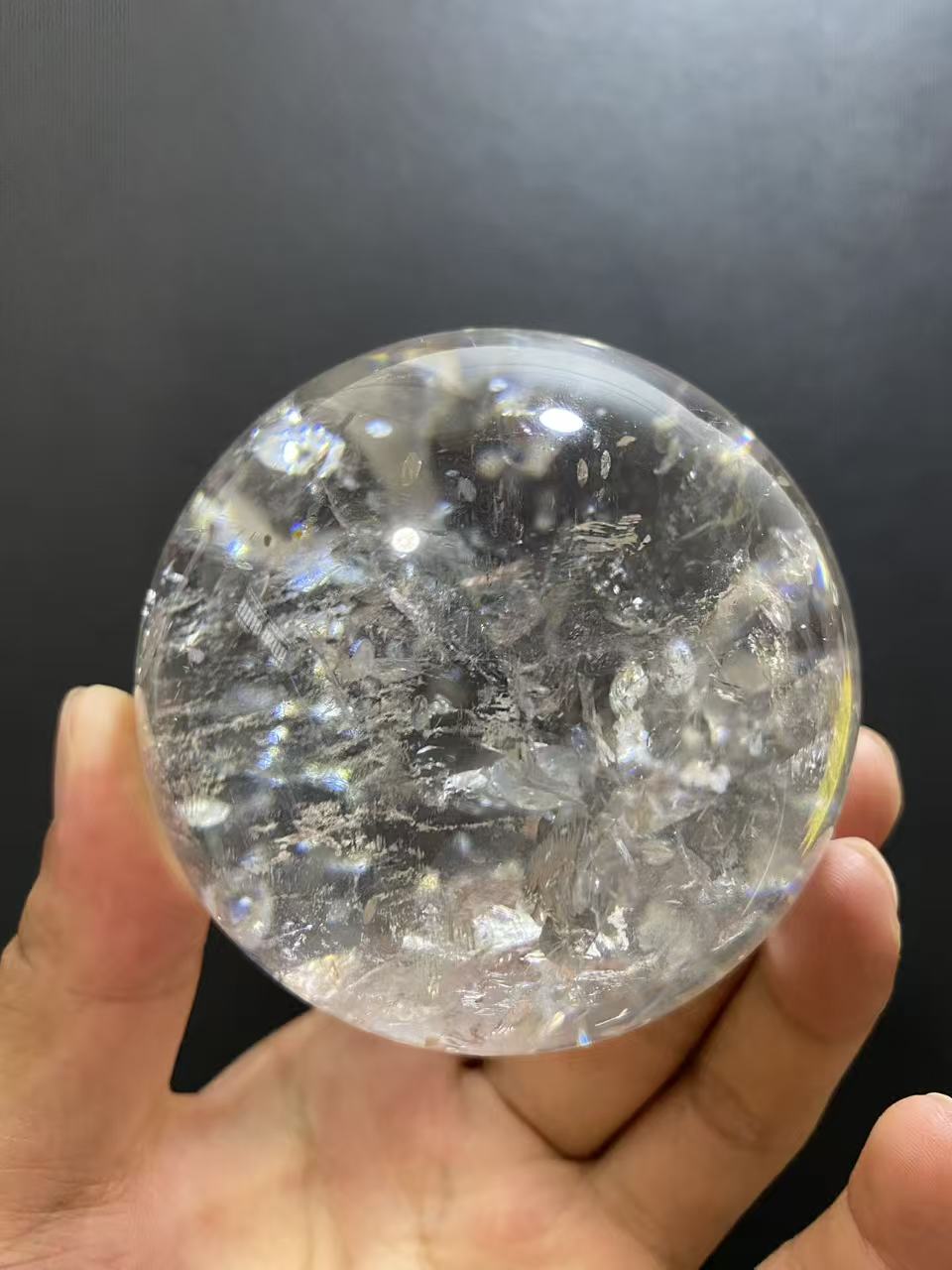 Natural White Quartz Crystal Ball with Inner Rainbow | Hand-Polished Sphere for Shelf Decor