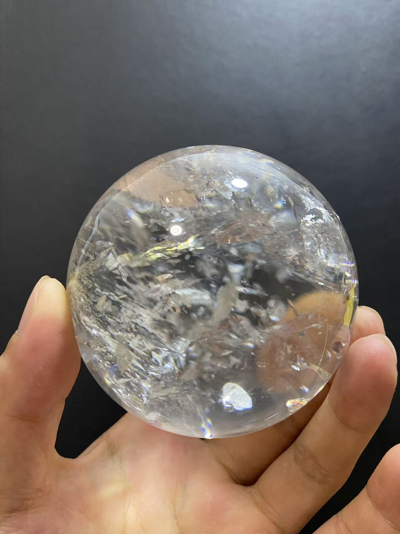 Natural White Quartz Crystal Ball with Inner Rainbow | Hand-Polished Sphere for Shelf Decor