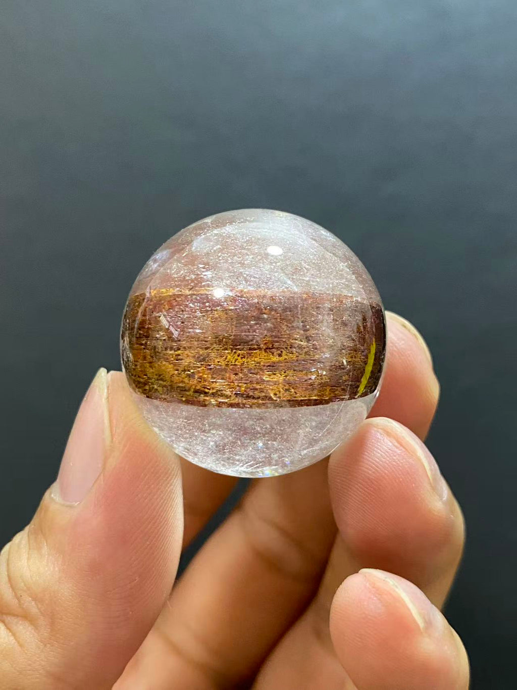 Natural Clear Quartz Sphere with Rubellite Inclusions — Hand-Polished Crystal Ball for Home Decor