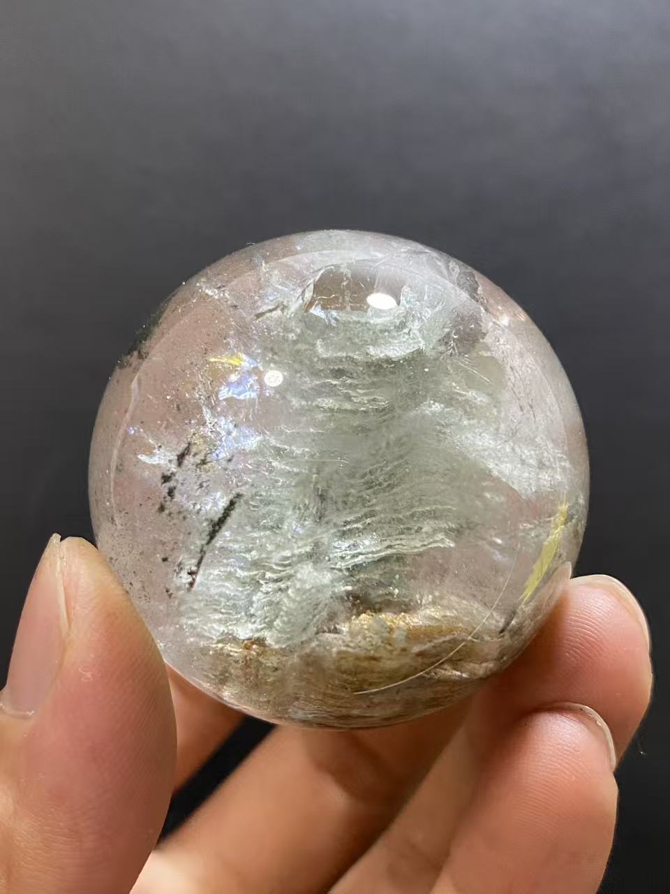 Natural Phantom Quartz Sphere with Multi-Layer Inclusions — Hand-Polished Crystal Ball for Home Decor