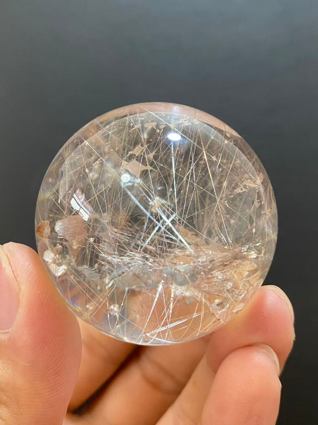 Natural Silver Rutilated Quartz Sphere With Inner Silvery Needle‑Shaped Rutile Inclusions, Decorative Mineral Ornament