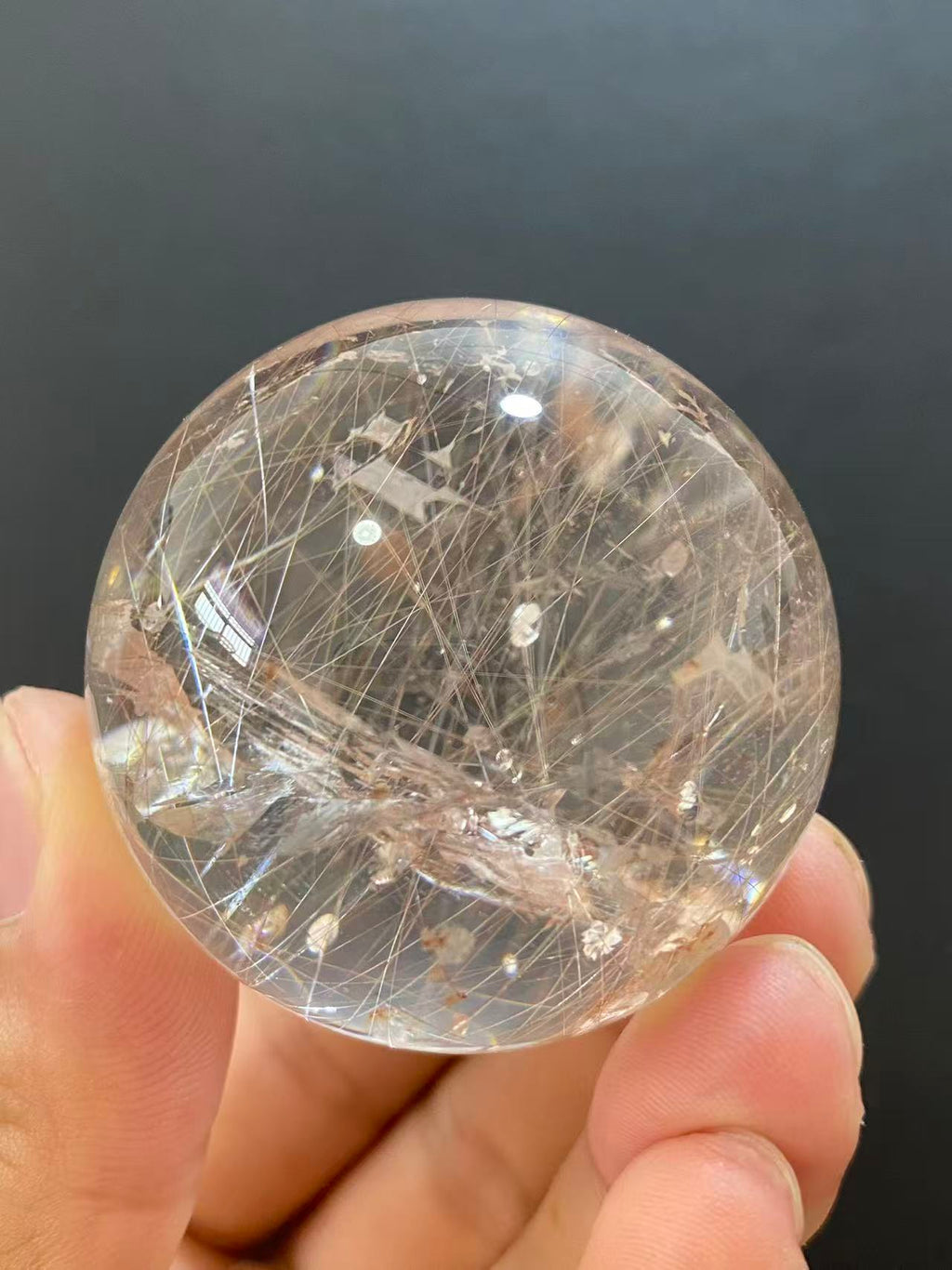 Natural Silver Rutilated Quartz Sphere With Inner Silvery Needle‑Shaped Rutile Inclusions, Decorative Mineral Ornament