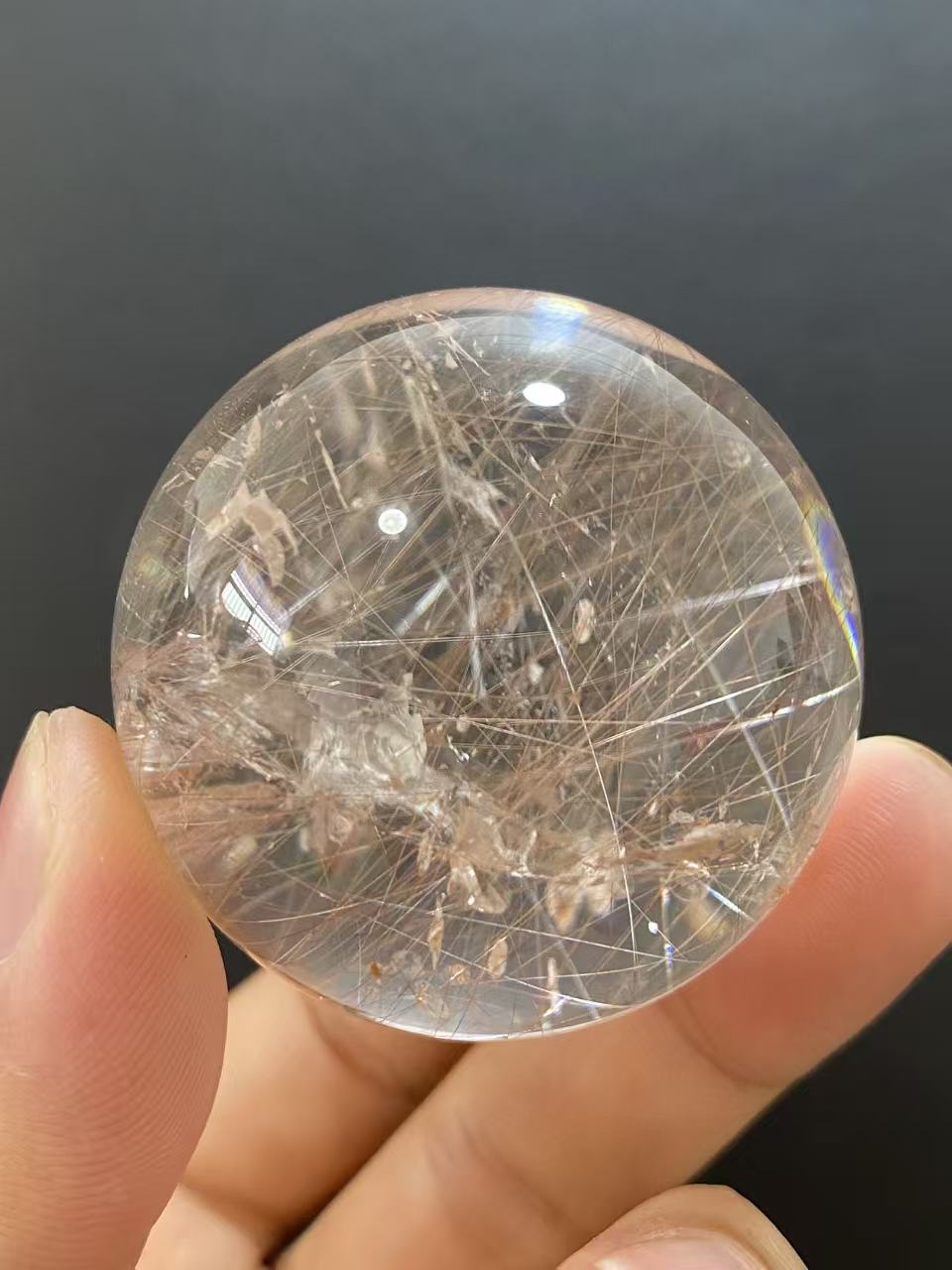 Natural Silver Rutilated Quartz Sphere With Inner Silvery Needle‑Shaped Rutile Inclusions, Decorative Mineral Ornament