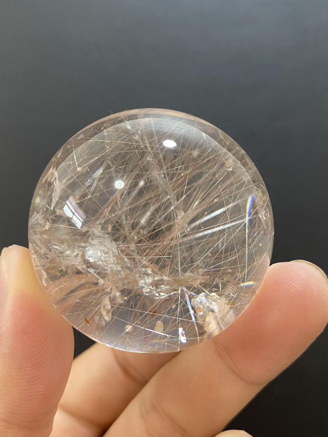 Natural Silver Rutilated Quartz Sphere With Inner Silvery Needle‑Shaped Rutile Inclusions, Decorative Mineral Ornament