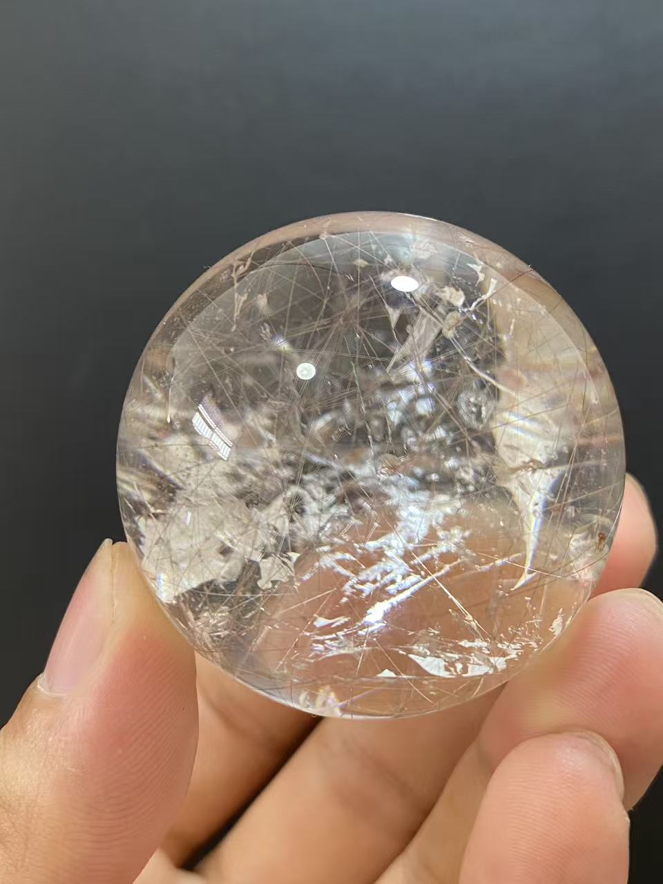 Natural Silver Rutilated Quartz Sphere With Inner Silvery Needle‑Shaped Rutile Inclusions, Decorative Mineral Ornament