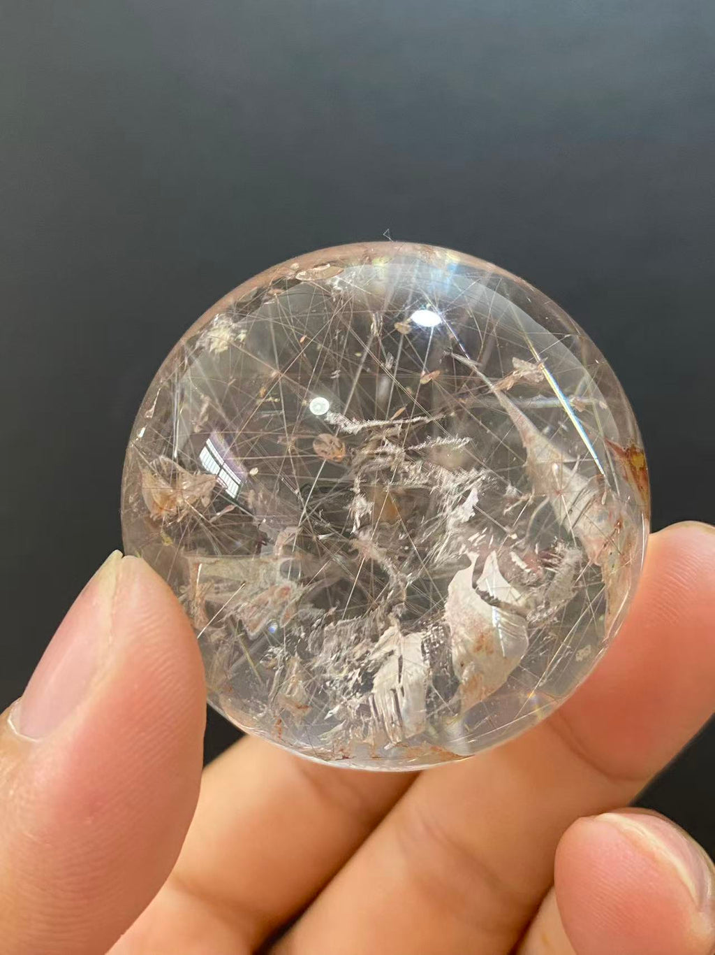 Natural Silver Rutilated Quartz Sphere With Inner Silvery Needle‑Shaped Rutile Inclusions, Decorative Mineral Ornament