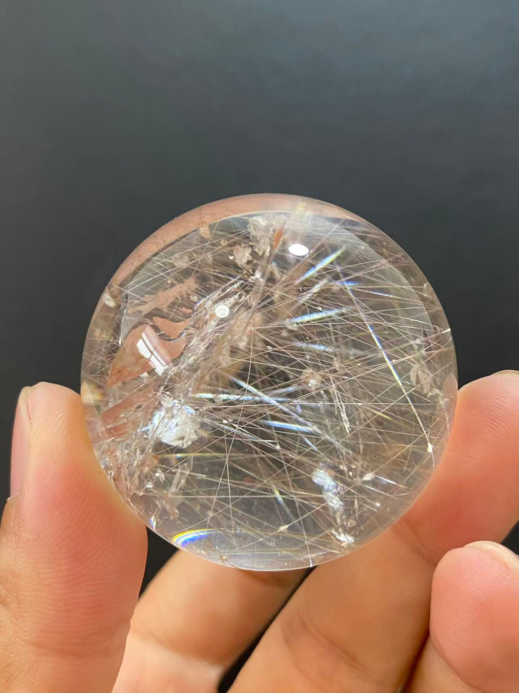 Natural Silver Rutilated Quartz Sphere With Inner Silvery Needle‑Shaped Rutile Inclusions, Decorative Mineral Ornament