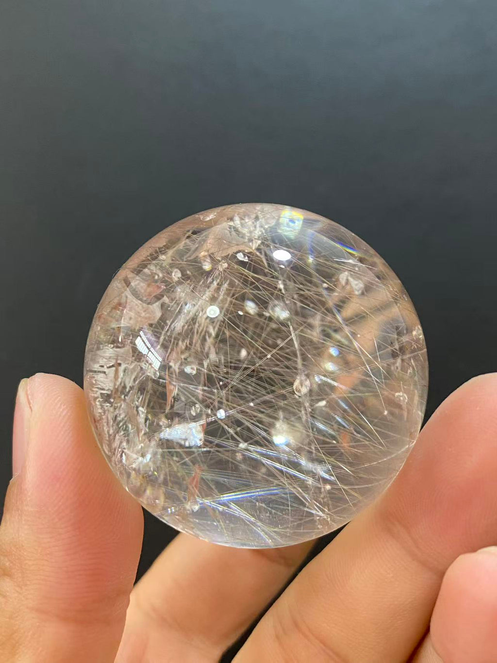 Natural Silver Rutilated Quartz Sphere With Inner Silvery Needle‑Shaped Rutile Inclusions, Decorative Mineral Ornament