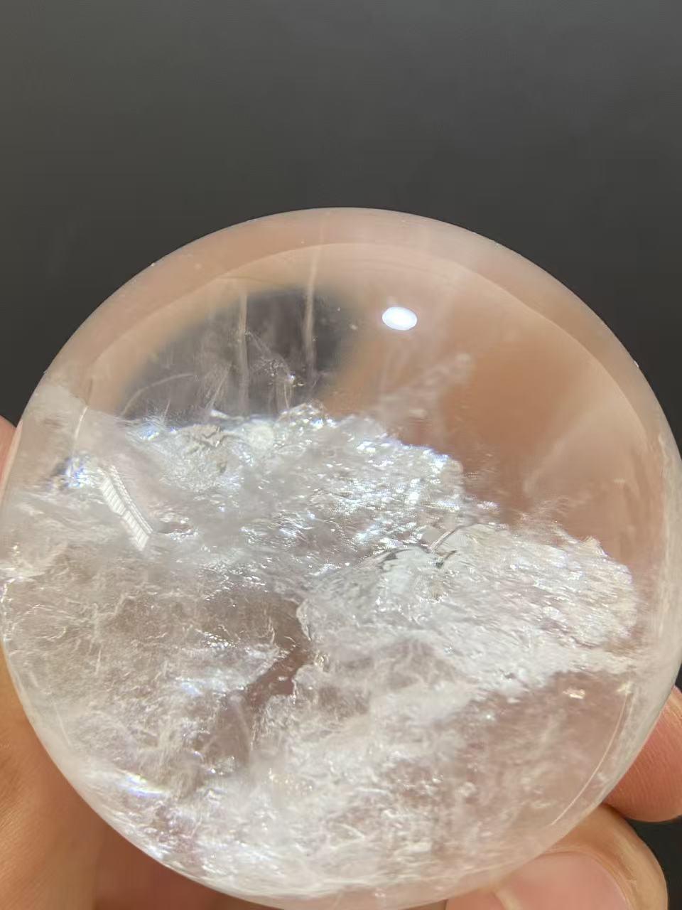 Natural Clear Quartz Sphere With Inner White Mineral Inclusions, Decorative Mineral Ornament